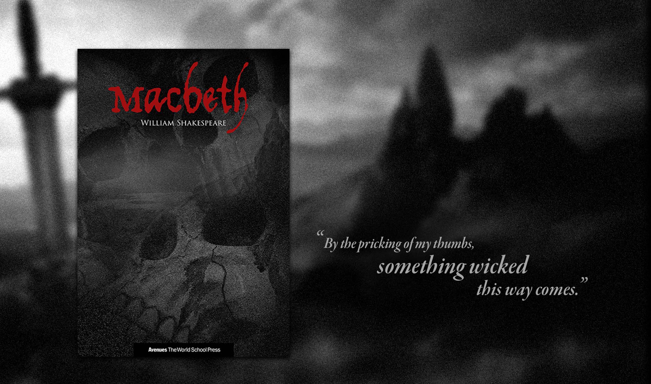 The book cover for Macbeth by William Shakespeare appears over a dark monochromatic landscape.