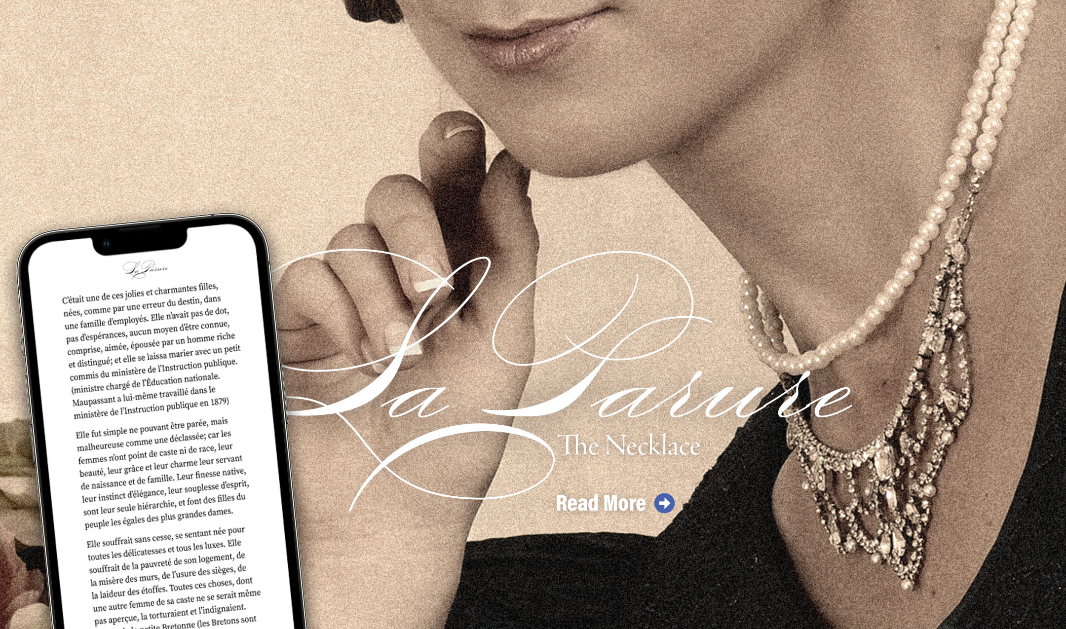 a woman wearing an ornate diamond necklace is seen in close-up, showing just the lower part of her face, her hand, and the necklace. The text reads La Parure (The Necklace) by Guy de Maupassant. Tap or click to read more.