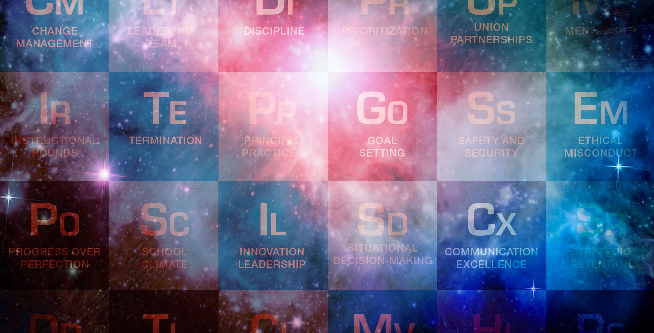 a view of some of the elements of education for school leaders, with a nebula shining behind them