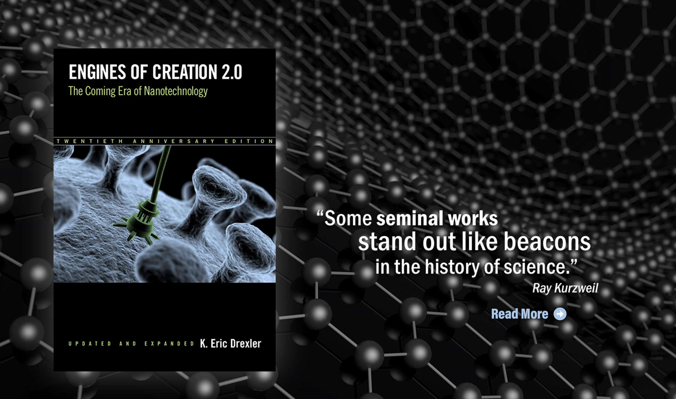 the book cover for 'Engines of Creation 2.0' by K. Eric Drexler. A blurb by Ray Kurzweil reads, 'Some seminal works stand out like beacons in the history of science.'